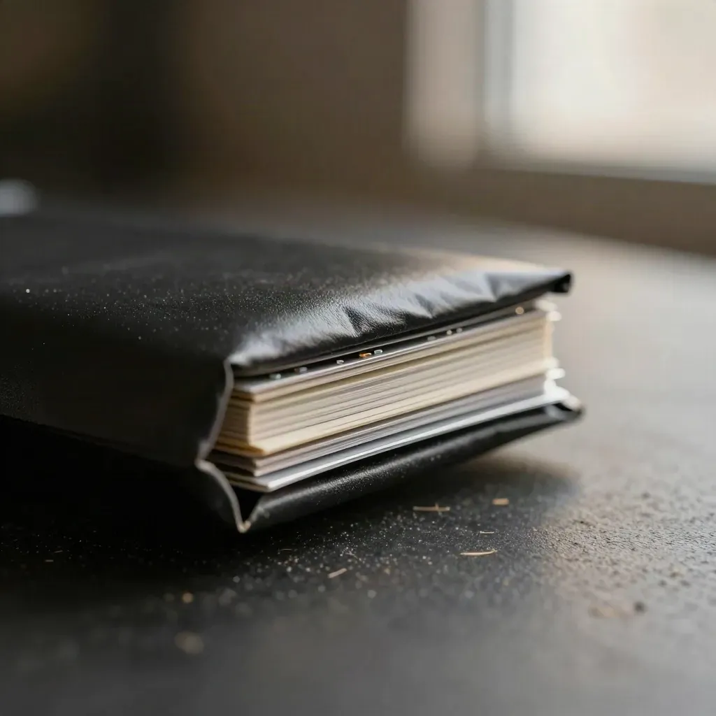 Dark conversion review packet with pale tab and tiny diagnostic chips, lit dramatically from the side.