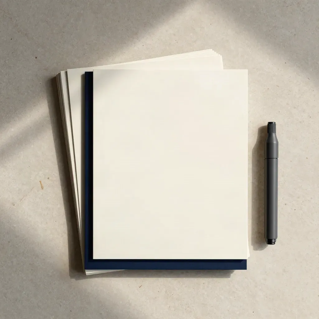 Overhead flat lay of a cream landing-page copy kit with board, card stack, and navy disc