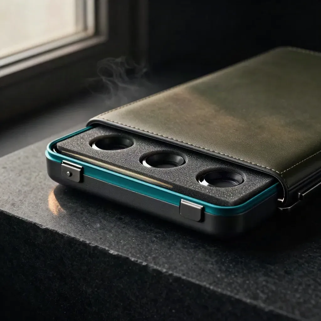 Dark case with three polished chips and a note sleeve mid-open on matte-black stone.