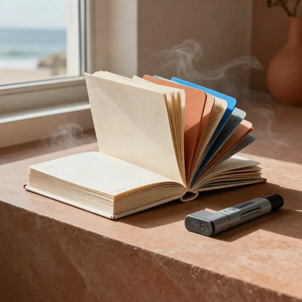 Soft-bound brand guide book with tone cards and graphite block on a clay ledge.