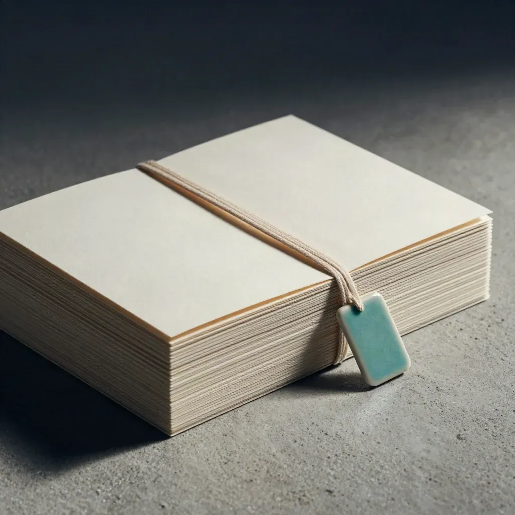 Partly unwrapped perforated cards spring free beside a teal tile under raking light.