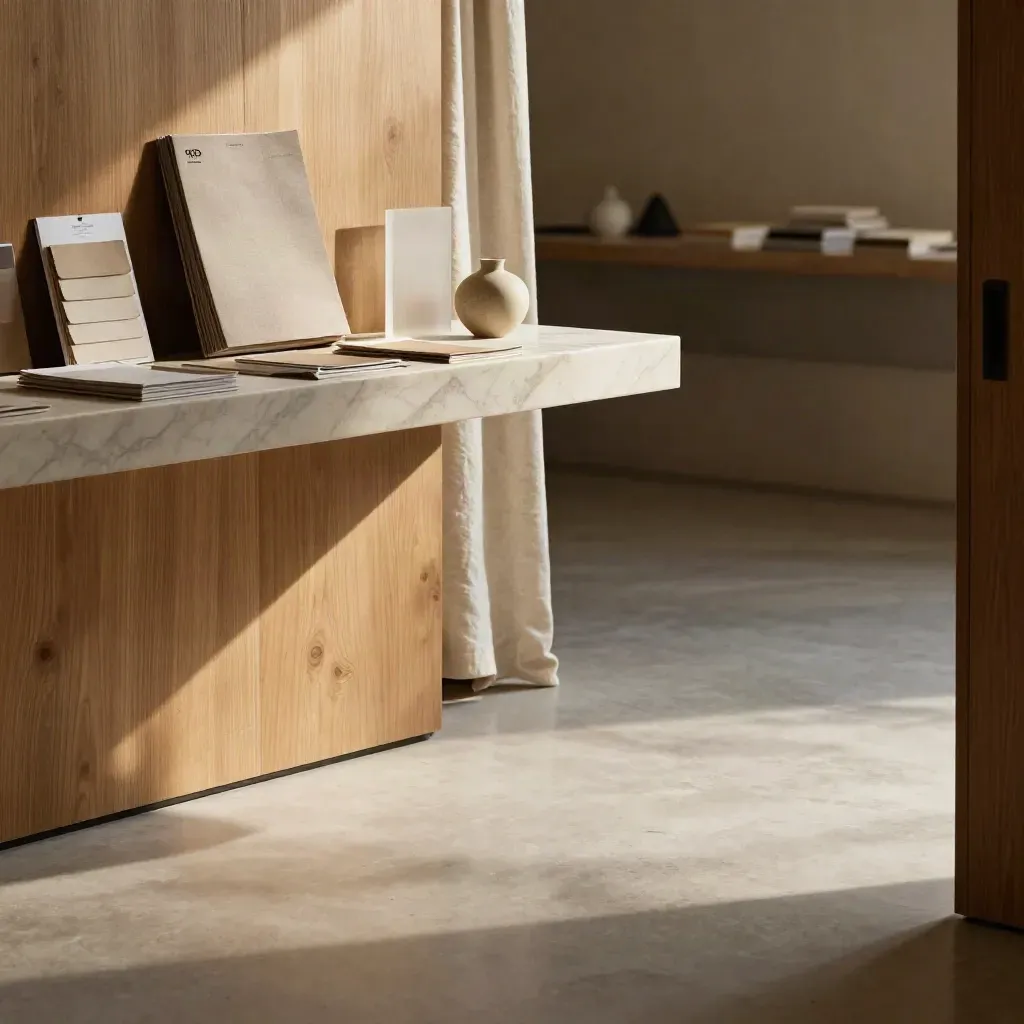 Sunlit coastal studio with marble ledge, oak wall, linen curtain and calm copy space.