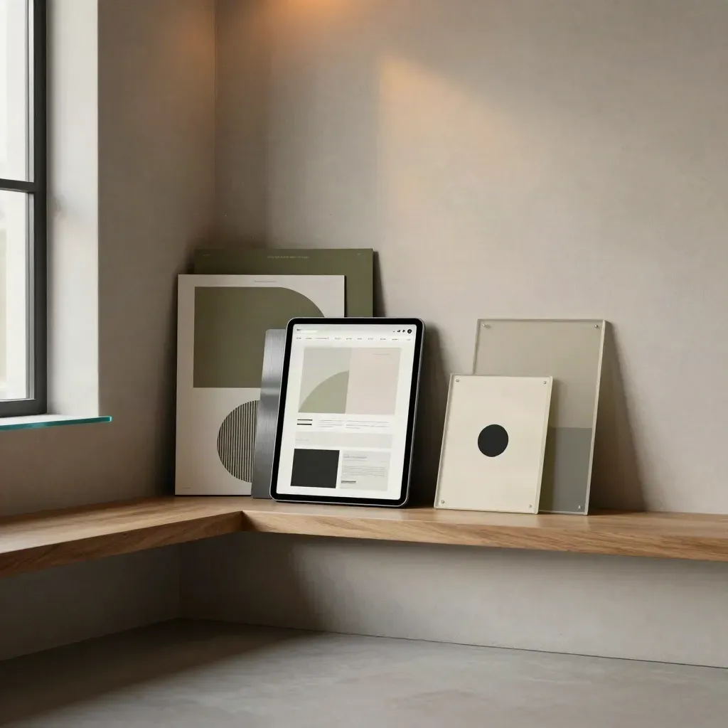 Curved plaster corner with oak shelf and abstract website design mockup tiles in warm amber light
