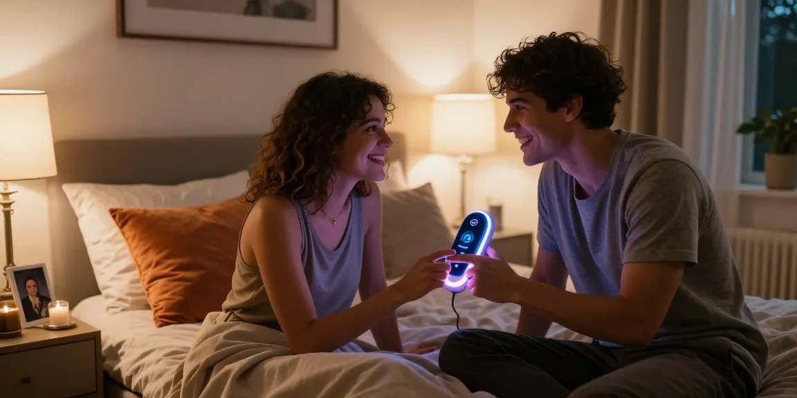 Couple exploring ai sex technology in an intimate bedroom setting, warm lighting, and cozy decor enhancing the moment